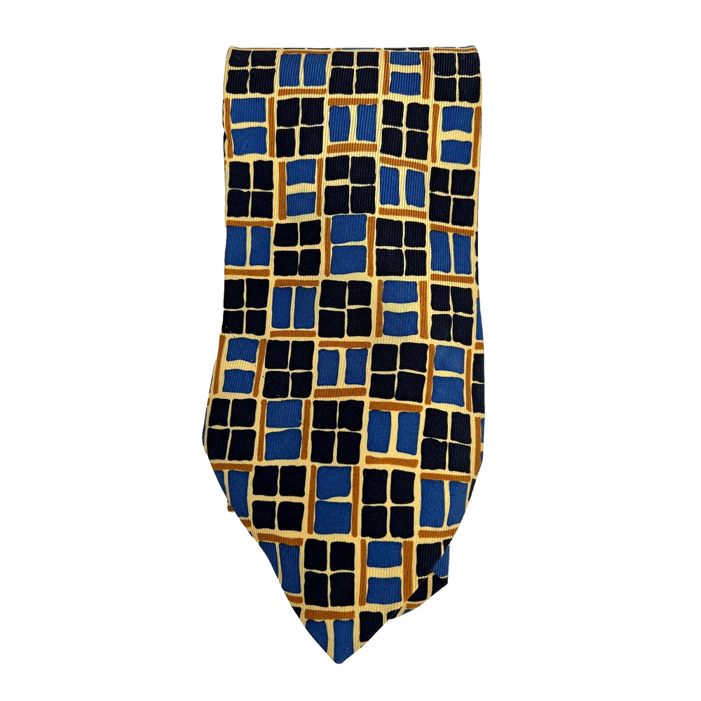 Herve Paris Milan 100% Silk Men's Neck Tie 57" Blue/Tan/Cream Geometric